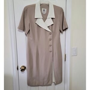 Vintage Bahari Secretary Dress 10 Tan Ivory 80s ShortSleeve Collar ButtonUp  SEE